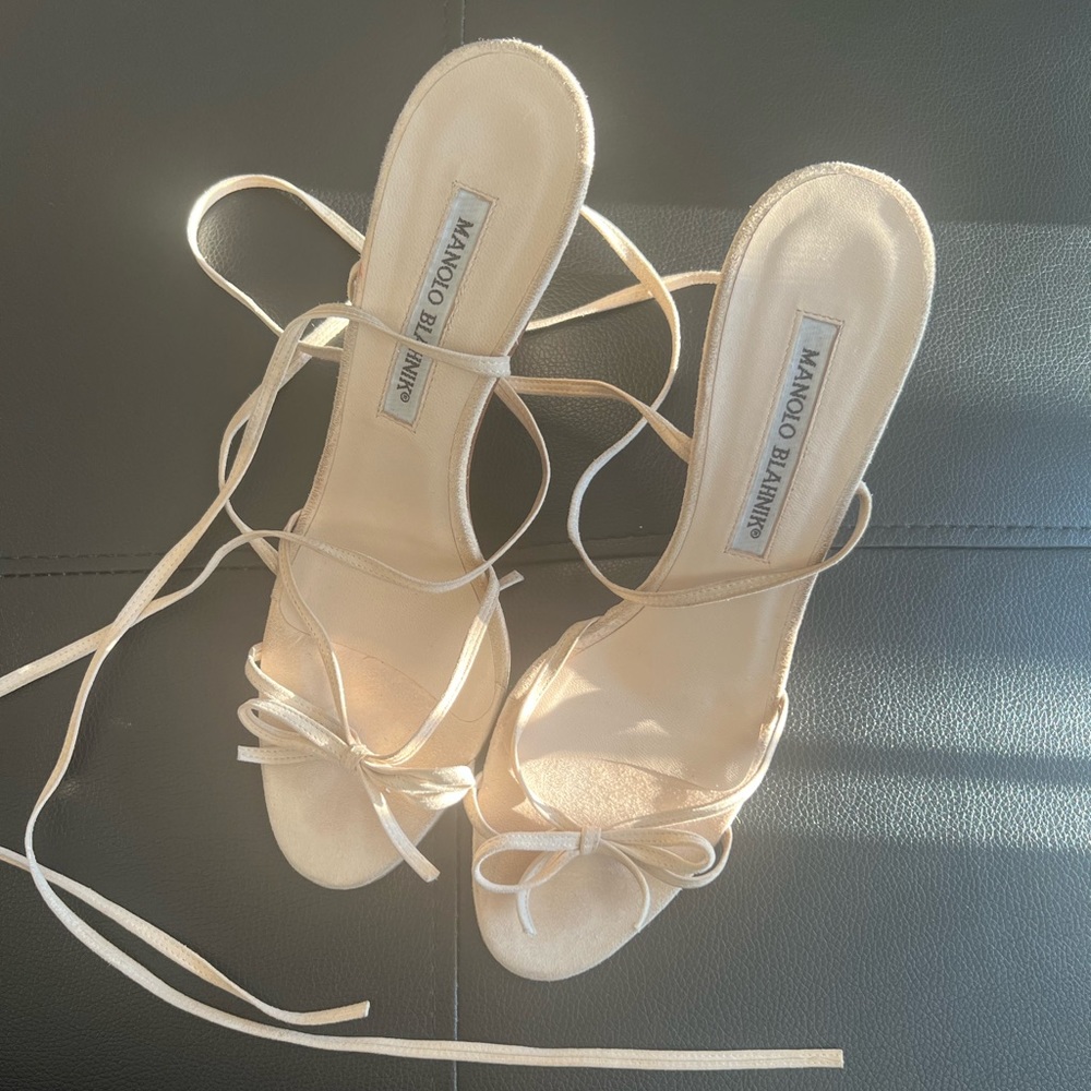Manolo Blahnik nude strap up sandals